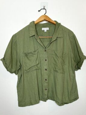 Alex & Jordan Womens Olive Green Boxy Short Sleeve Button Front Shirt XL
